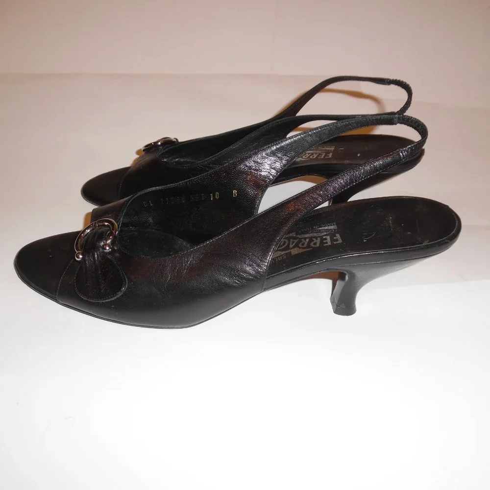 Salvatore Ferragamo Black Leather Kitten Heels Buckle Gancini  Sandals Shoes - Picture 6 of 15